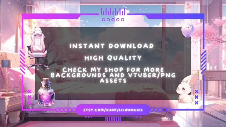Puede incluir: Una ilustraci&oacute;n digital de un dormitorio rosa y blanco con una silla de juego, una botella de poci&oacute;n, un conejito blanco y un globo rosa. El texto "INSTANT DOWNLOAD HIGH QUALITY CHECK MY SHOP FOR MORE BACKGROUNDS AND VTUBER/PNG ASSETS ETSY.COM/SHOP/LILWOOGIES" se muestra en una pancarta morada y blanca.