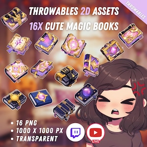 May include: A set of 16 digital illustrations of cute magic books. The books are in various colors and designs, with some featuring stars, gems, and other magical elements. The illustrations are 1000 x 1000 pixels and are transparent PNG files.