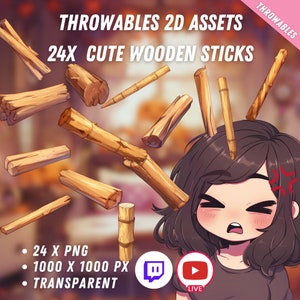 Bündel mit niedlichen Holzstäbchen zum Werfen, 24 Stück | Transparent | Kawaii | 2D-Digital-Assets | Digitaler Download | Stream-Dekoration