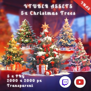 5x Vtuber Christmas Trees | Transparent | Holiday Xmas | Kawaii Overlay | PNGTuber | Digital Assets | Digital Download | Stream Decoration
