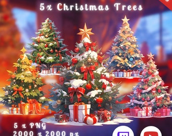 May include: Five Christmas trees with snow, ornaments, and presents. The trees are decorated with red, gold, and white ornaments. The trees are set against a blurred background of a building with a red roof. The text "VTUBER ASSETS 5x Christmas Trees" is at the top of the image. The text "XMAS" is in the top right corner of the image. The text "5 x PNG 2000 x 2000 px Transparent" is at the bottom of the image. The Twitch and YouTube logos are in the bottom right corner of the image.