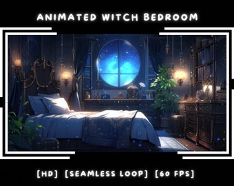 Fondo animado del dormitorio de brujas / Halloween Vtuber / Twitch Stream Overlay / Acogedor / Espeluznante / Brillante / Descarga digital / Stream Wallpaper