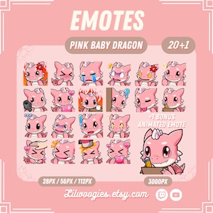 21 ピンクのベビードラゴン Twitch 絵文字、Twitch サブ絵文字、ちび絵文字、かわいい絵文字、Discord 絵文字、TikTok 絵文字、テキスト絵文字、Youtube 絵文字