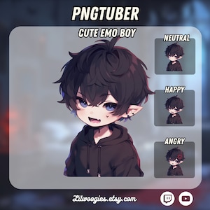 以下が含まれることがあります： 黒髪で青い目をした、かわいいエモボーイのデジタルイラスト。画像は、表情が異なる3種類の男の子（無表情、笑顔、怒り）を含んでいます。画像の上部には「PNGTUBER」と「CUTE EMO BOY」のテキストがあります。画像の下部には「Lilwoogies.etsy.com」のテキストがあります。
