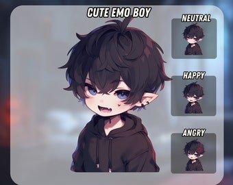 Puede incluir: Una ilustración digital de un chico emo lindo con cabello negro, ojos azules y una sudadera negra. La imagen incluye tres variaciones del chico con diferentes expresiones: neutral, feliz y enojado. El texto "PNGTUBER" y "CUTE EMO BOY" está en la parte superior de la imagen. El texto "Lilwoogies.etsy.com" está en la parte inferior de la imagen.