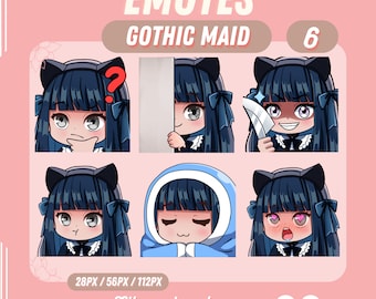 May include: Set of six digital emotes featuring a gothic maid character with black hair, white collar, and black dress. The emotes show different expressions, including thinking, peeking, smiling, blushing, and surprised. The emotes are 28px, 56px, and 112px in size.