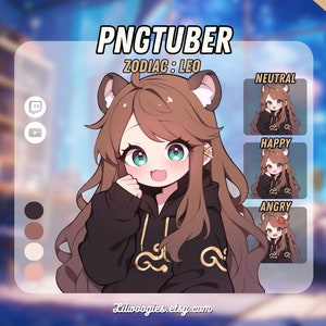 Puede incluir: Avatar PNGTuber con cabello castaño, ojos verdes y orejas de gato. El avatar lleva una sudadera negra con detalles dorados y el texto "PNGTuber" y "Zodiac: Leo". La imagen también incluye cuatro expresiones diferentes del avatar: neutral, feliz, enojado y sorprendido.