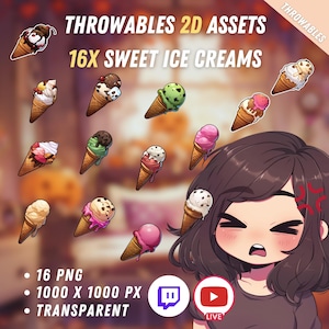 Bundle of Throwable Cute Ice Creams Assets 16x | Transparent | Kawaii | 2D Digital Assets | Digital Download | Stream Decoration