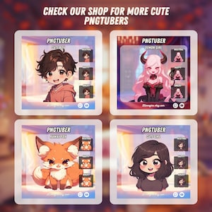 Puede incluir: Cuatro ilustraciones digitales de PNGtubers, cada una con un personaje y una expresi&oacute;n diferentes. Los personajes son un chico lindo, una chica demonio, un zorro kawaii y una chica linda. Cada personaje tiene una expresi&oacute;n neutral, feliz y enojada.