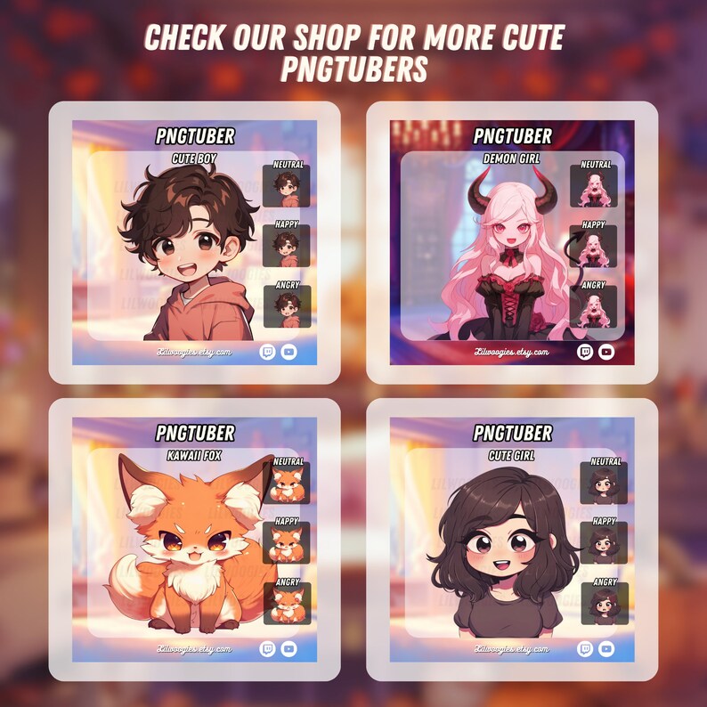 Puede incluir: Cuatro ilustraciones digitales de PNGtubers, cada una con un personaje y una expresi&oacute;n diferentes. Los personajes son un chico lindo, una chica demonio, un zorro kawaii y una chica linda. Cada personaje tiene una expresi&oacute;n neutral, feliz y enojada.