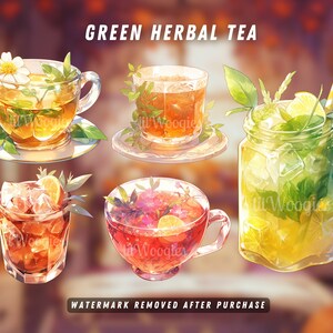 Collection of five VTuber green herbal tea glasses, each with a unique blend and presentation.