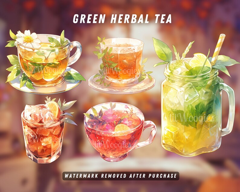 Collection of five VTuber green herbal tea glasses, each with a unique blend and presentation.