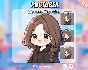 May include: PNGTuber: Cute Brunette Girl, a digital illustration of a cartoon girl with brown hair in a black hoodie. The image includes three variations of the girl with different facial expressions: neutral, happy, and angry.