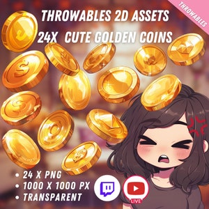 Puede incluir: 24 monedas de oro animadas con varios diseños, incluyendo un signo de dólar, un diamante y un botón de reproducción. Las monedas caen desde la parte superior de la imagen hacia un personaje de dibujos animados con una expresión de sorpresa. El texto "THROWABLES 2D ASSETS" y "24X CUTE GOLDEN COINS" está en la parte superior de la imagen. El texto "24 X PNG", "1000 X 1000 PX" y "TRANSPARENT" está en la parte inferior de la imagen.