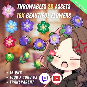 Bundle of Throwable Cute Flowers Assets 16x | Transparent | Kawaii | 2D Digital Assets | Digital Download | Stream Decoration