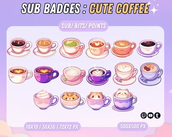 May include: A set of 24 cute coffee cup Twitch sub badges in various styles, including latte art, cat faces, and whipped cream. The badges are available in three sizes: 18x18 pixels, 36x36 pixels, and 72x72 pixels. The badges are also available in a 500x500 pixel size.