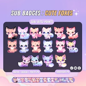 May include: A set of 24 animated fox badges for Twitch subscribers. The badges are in various colors and feature cute foxes with different expressions. The badges are available in three sizes: 18x18 pixels, 36x36 pixels, and 72x72 pixels. The badges are also available in a larger size of 500x500 pixels.
