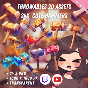 Bundle of Throwable Cute Hammers Assets 24x | Transparent | Kawaii | 2D Digital Assets | Digital Download | Stream Decoration