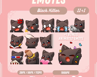 May include: A set of 11 black kitten emotes, including a bonus animated emote. The emotes are in various poses and expressions, such as angry, crying, and holding a gun. The emotes are 28px, 56px, and 112px in size, and there is also a 1000px emote. The emotes are available for purchase on Lilwoogies.etsy.com.