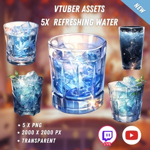 May include: Five illustrations of glasses filled with blue water and ice. The glasses are transparent and have a frosted look. The text "VTUBER ASSETS 5X REFRESHING WATER" is at the top of the image. The text "NEW" is in a red box at the top right of the image. The text "LIVE" is in a purple box with a Twitch logo at the bottom left of the image. A YouTube logo is at the bottom right of the image. The text "5 X PNG", "2000 X 2000 PX", and "TRANSPARENT" is at the bottom left of the image.