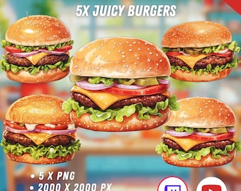 Vtuber Juicy Burgers 5x | PNGtuber | Transparent Props | Cute Fastfood | Assets | Twitch Overlay | Digital Download | Stream Decoration