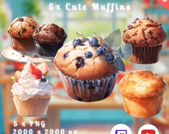 5x Cute Tasty Muffins | PNGtuber | Transparent Props | Vtuber Assests | Cupcake snacks | Kawaii Food | Twitch Overlay | Stream Decoration