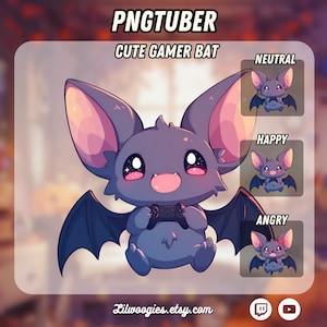 May include: A cute purple bat with large eyes and a pink nose is holding a video game controller. The bat has large, dark grey wings. The image is labelled "PNGTUBER CUTE GAMER BAT" and has three smaller images of the bat with different expressions: neutral, happy, and angry.