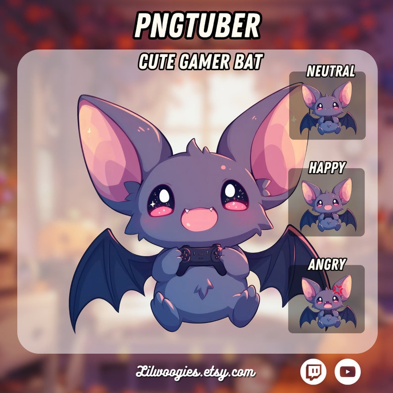 Op de afbeelding: Een schattige paarse vleermuis met grote ogen en een roze neus houdt een videogamecontroller vast. De vleermuis heeft grote, donkergrijze vleugels. De afbeelding is gelabeld "PNGTUBER CUTE GAMER BAT" en heeft drie kleinere afbeeldingen van de vleermuis met verschillende uitdrukkingen: neutraal, blij en boos.