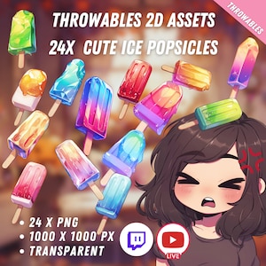 Bundle of Throwable Cute Ice Popsicles Assets 24x | Transparent | Kawaii | 2D Digital Assets | Digital Download | Stream Decoration