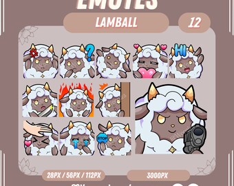 Puede incluir: Un conjunto de 12 emoticonos animados que presentan un lindo cordero de dibujos animados con diferentes expresiones. Los emoticonos están en varios tamaños, incluyendo 28px, 56px, 112px y 3000px. Los emoticonos son perfectos para usar en Twitch, Discord u otras plataformas en línea.
