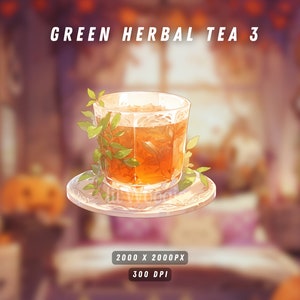 Digital asset of a cozy cup of green herbal tea with a lemon slice and a transparent background.