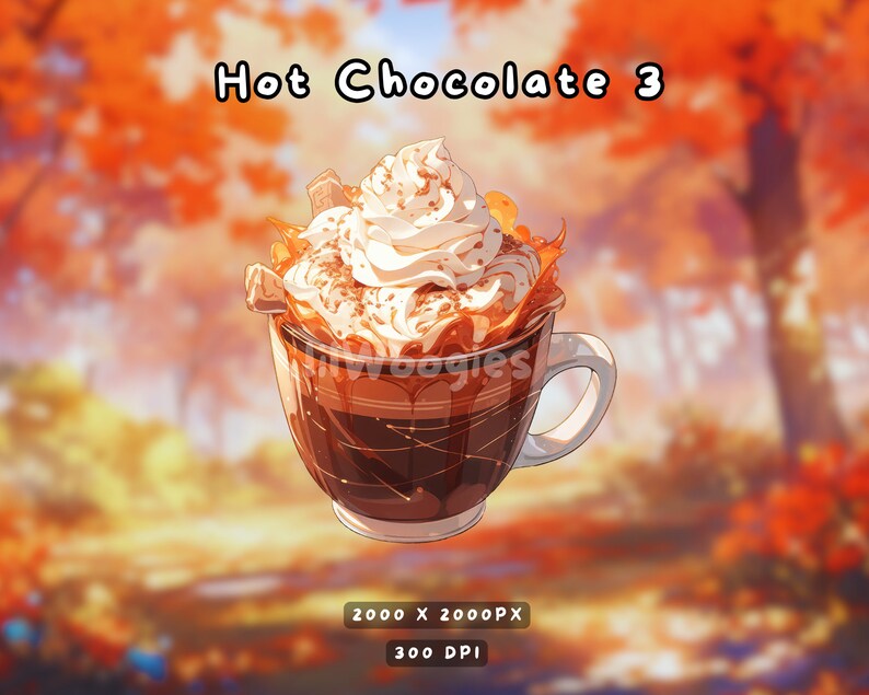 May include: A mug of hot chocolate topped with whipped cream and chocolate shavings. The drink is surrounded by a blurred background of autumn leaves.