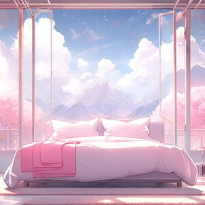 Puede incluir: Un dormitorio rosa con una gran ventana que da a una cordillera. La cama est&aacute; hecha con s&aacute;banas blancas y una manta rosa. Hay cortinas rosas y una l&aacute;mpara rosa en la mesita de noche.