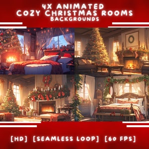 4x アニメーション クリスマス ルームの背景 | Vtuber オーバーレイ | Twitch ストリーム | 居心地が良い | かわいい | 光沢 | デジタル ダウンロード | ストリーム クリスマス壁紙