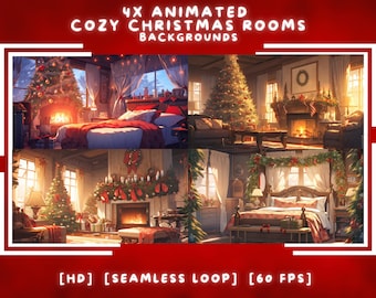 4x Fondo animado de salas de Navidad / Superposición de Vtuber / Stream de Twitch / Acogedor / Lindo / Brillante / Descarga digital / Stream Fondo de pantalla de Navidad
