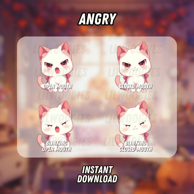 Puede incluir: Cuatro ilustraciones digitales de un gato blanco con orejas rosas y un lazo rosa. El gato tiene diferentes expresiones faciales, incluyendo boca abierta, boca cerrada, ojos abiertos y boca abierta, y ojos cerrados y boca cerrada. El texto "ANGRY" est&aacute; en la parte superior de la imagen. El texto "OPEN MOUTH", "CLOSED MOUTH", "BLINKING OPEN MOUTH", y "BLINKING CLOSED MOUTH" est&aacute;n debajo de cada imagen. El texto "INSTANT DOWNLOAD" est&aacute; en la parte inferior de la imagen.