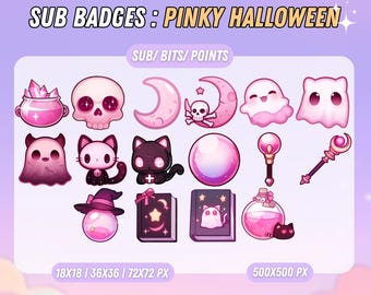 May include: A set of 18 pink and black Halloween themed Twitch sub badges featuring a variety of spooky characters and objects, including a ghost, a cat, a skull, a potion bottle, a moon, and a magic wand. The badges are available in three sizes: 18x18 pixels, 36x36 pixels, and 72x72 pixels. The text "SUB BADGES: PINKY HALLOWEEN" and "SUB/BITS/POINTS" is displayed at the top of the image.