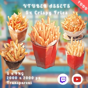 Op de afbeelding: Vijf illustraties van knapperige frietjes in verschillende containers. De frietjes zijn geel en bruin, en de containers zijn rood, wit en bruin. De tekst "VTUBER ASSETS 5x Crispy Fries" staat bovenaan de afbeelding.