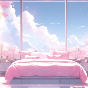 Puede incluir: Un dormitorio rosa con una gran ventana que da a un cielo rosa y azul con nubes blancas. La cama est&aacute; hecha con s&aacute;banas y almohadas rosas. Hay dos mesitas de noche con l&aacute;mparas a cada lado de la cama.