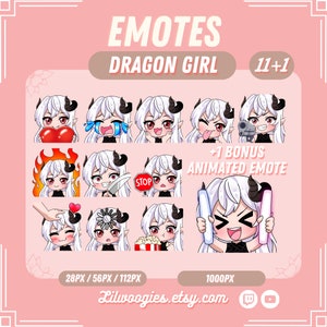 May include: A set of 11 animated Twitch emotes featuring a cartoon dragon girl with white hair and black horns. The emotes include expressions such as heart eyes, crying, angry, and tongue sticking out. There is also a bonus animated emote of the dragon girl holding two glowing sticks. The emotes are available in 28px, 56px, 112px, and 1000px sizes.