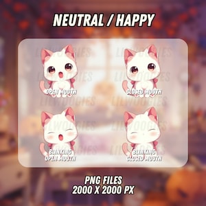 Puede incluir: Cuatro ilustraciones digitales de un gato blanco con orejas rosas y un lazo rosa. El gato se muestra con diferentes expresiones faciales, incluyendo boca abierta, boca cerrada, ojos abiertos y ojos cerrados. Las ilustraciones est&aacute;n etiquetadas con el texto "Boca abierta", "Boca cerrada", "Ojos abiertos" y "Ojos cerrados". El texto "Neutral/Feliz" aparece en la parte superior de la imagen. El texto "Archivos PNG 2000 x 2000 px" aparece en la parte inferior de la imagen.