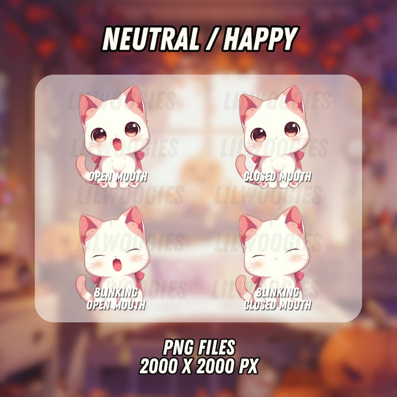 Puede incluir: Cuatro ilustraciones digitales de un gato blanco con orejas rosas y un lazo rosa. El gato se muestra con diferentes expresiones faciales, incluyendo boca abierta, boca cerrada, ojos abiertos y ojos cerrados. Las ilustraciones est&aacute;n etiquetadas con el texto "Boca abierta", "Boca cerrada", "Ojos abiertos" y "Ojos cerrados". El texto "Neutral/Feliz" aparece en la parte superior de la imagen. El texto "Archivos PNG 2000 x 2000 px" aparece en la parte inferior de la imagen.