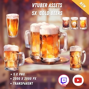 May include: Five digital illustrations of beer mugs. The mugs are filled with a light amber colored liquid and have a white foamy head. The mugs are on a white background. The text "VTUBER ASSETS 5X COLD BEERS" is at the top of the image. The text "NEW" is in a yellow box in the upper right corner of the image. The text "• 5 X PNG • 2000 X 2000 PX • TRANSPARENT" is at the bottom of the image. The text "LIVE" is in a purple box with a white chat icon in the lower left corner of the image. A red circle with a white play button is in the lower right corner of the image.