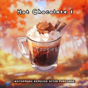 May include: A glass mug filled with hot chocolate topped with whipped cream, chocolate squares, and two chocolate sticks. The background is a blurred image of autumn leaves.