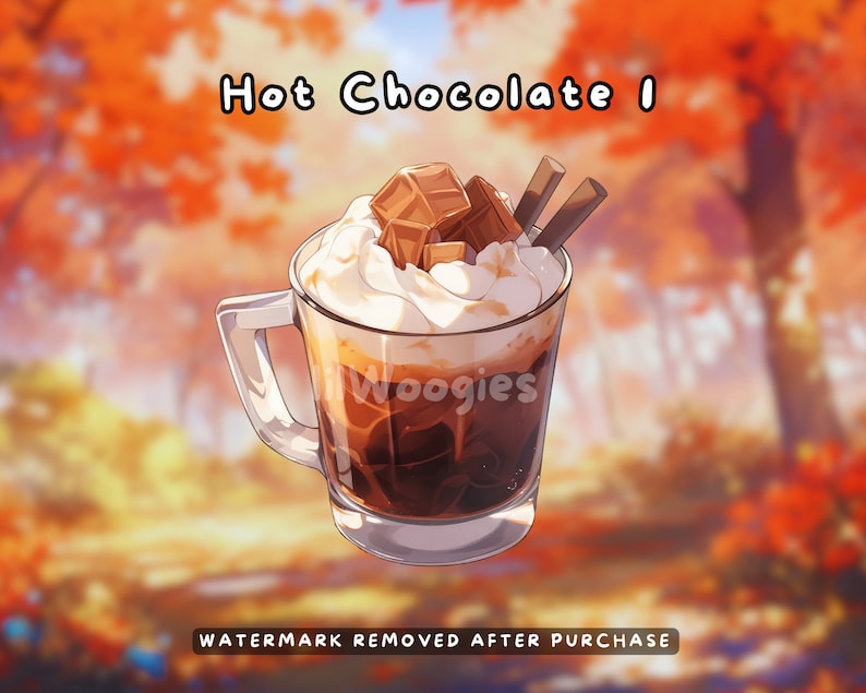 May include: A glass mug filled with hot chocolate topped with whipped cream, chocolate squares, and two chocolate sticks. The background is a blurred image of autumn leaves.