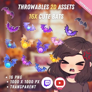 投げられるかわいいコウモリのアセット 16 個セット | 透明 | かわいい | 2D デジタル アセット | デジタル ダウンロード | ストリーム デコレーション
