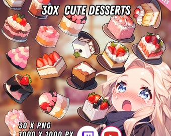 May include: A collection of 30 cute dessert illustrations, including cakes, pastries, and cupcakes, with a variety of toppings and colors. The illustrations are in a cartoon style and are perfect for use in digital projects or as printable stickers.