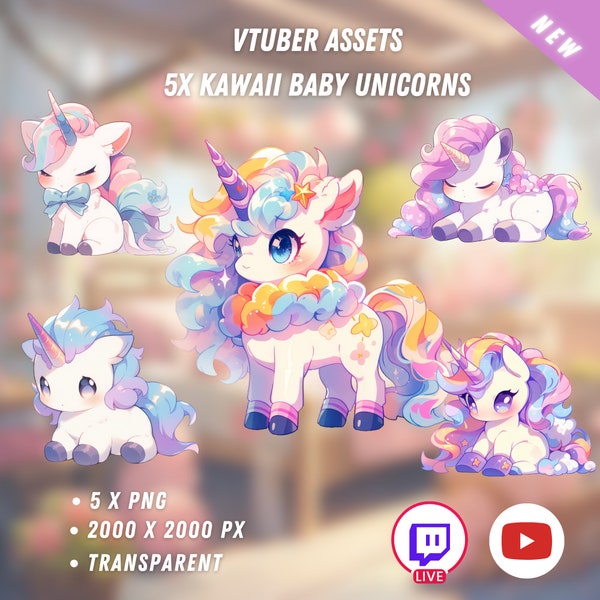 5x Kawaii-eenhoorns | Beste vrienden | Vtuber Huisdieren | Leuk paard | Anime | PNGtuber-activa | Digitale download | Stream Overlay-decoratie