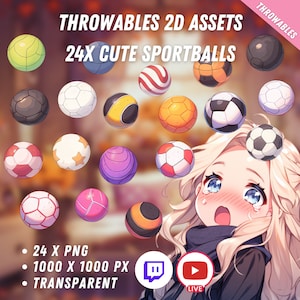 Bundle of Throwable Cute Sport Balls Assets 24x | Transparent | Kawaii | 2D Digital Assets | Digital Download | Stream Decoration