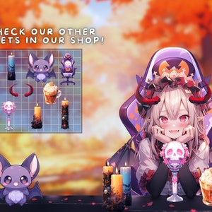 May include: A purple and black gaming chair with a crown and horns. A cute cartoon bat and a skull with a drink inside are on the table in front of the chair. The text "CHECK OUR OTHER ASSETS IN OUR SHOP!" is at the top of the image.